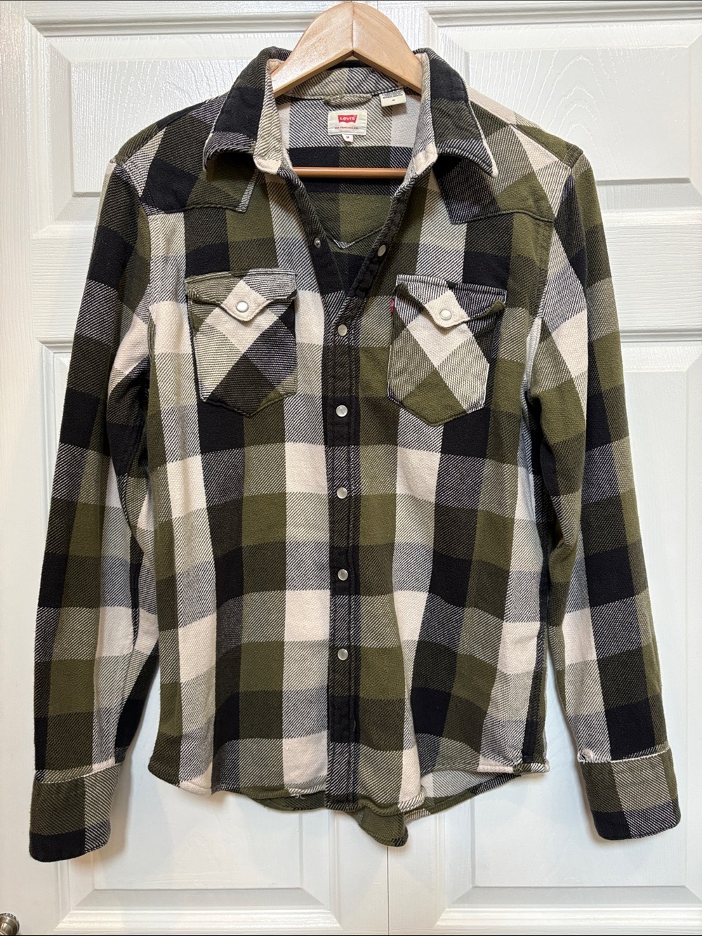 Levi's Heavyweight 100% Cotton Plaid Button Down Shirt Olive Black White Size M